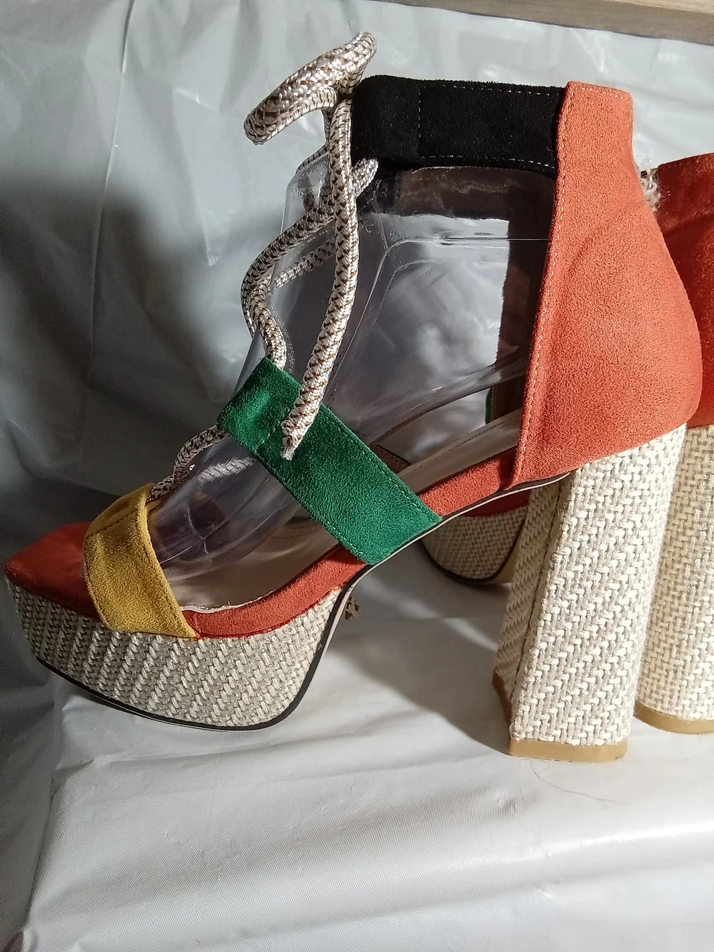Block Heel Colorblock Espadrille Platform Sandals. Yellow, Green & Orange
